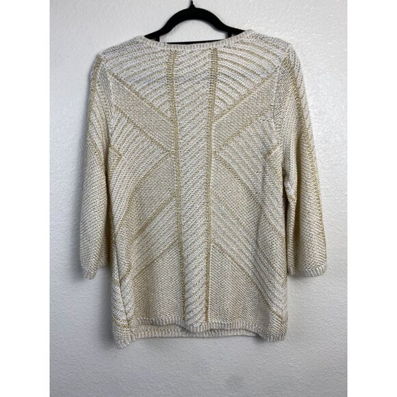 Chico's Knit Top Womens size Medium Cream gold Metallic 3/4 Sleeve Event Party - Picture 2 of 11